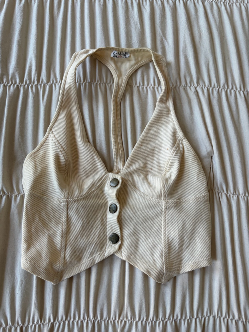 Free People Cream Ribbed Button-Front Halter Crop Top